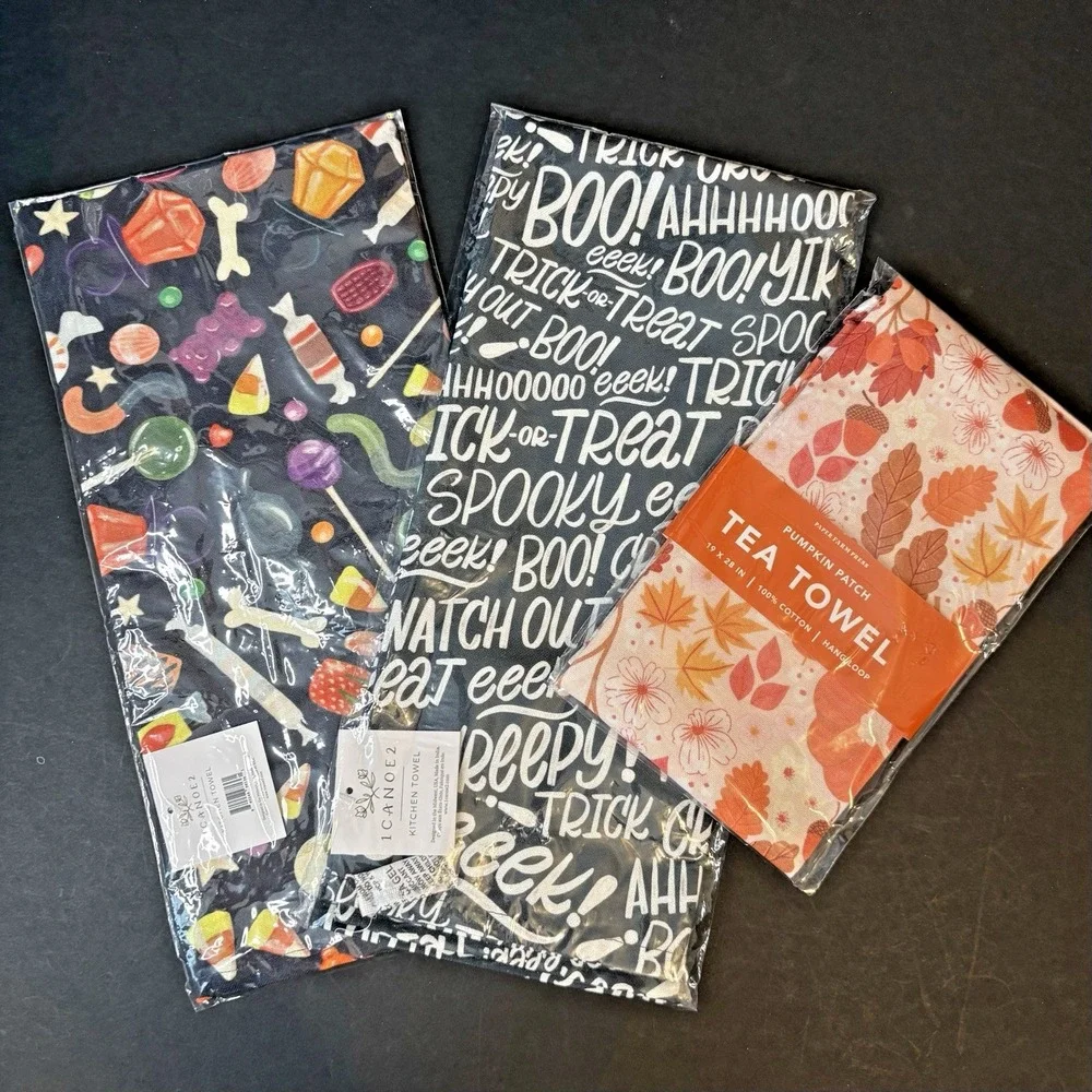 Set of 3 Tea Kitchen Dish Towel Halloween Fall Leaves Candy Boo Trick or Treat